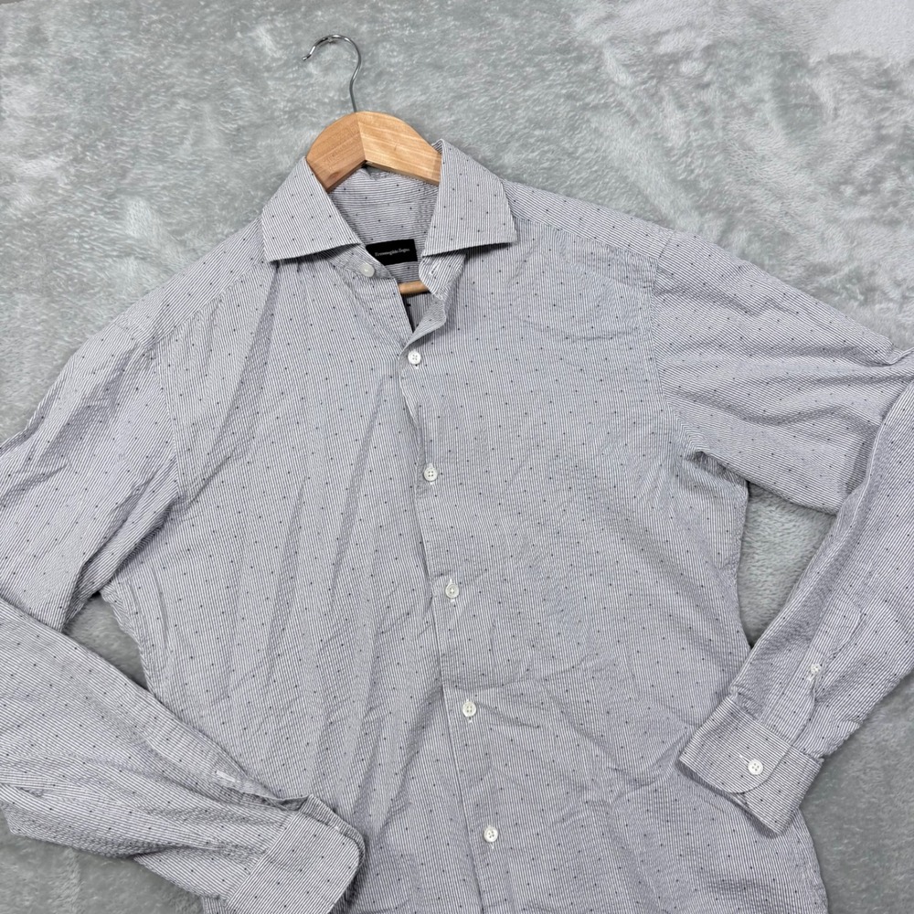 Ermenegildo Zegna Button Down Shirt Mens S Blue White Micro Stripe Dotted LS